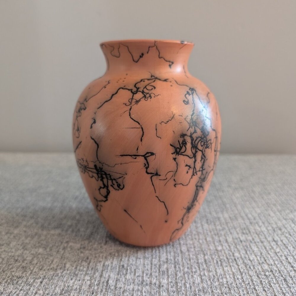 Navajo Horsehair Pottery Vase, 6 1/4" Tall, Signed AZ